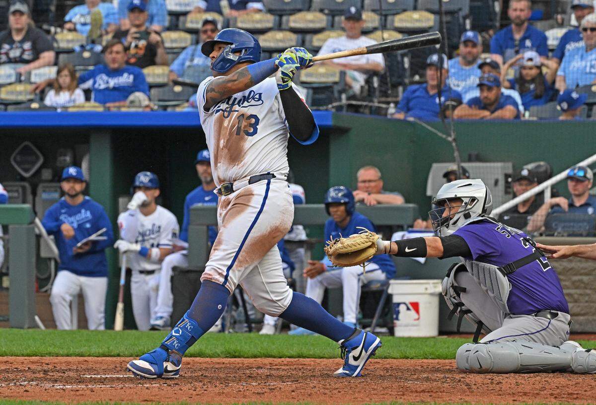 Royals captain Salvador Perez smacks one of his hits during a Major League Baseball doubleheader against the Colorado Rockies at Kauffman Stadium in Kansas City on Thursday, April 24, 2025.