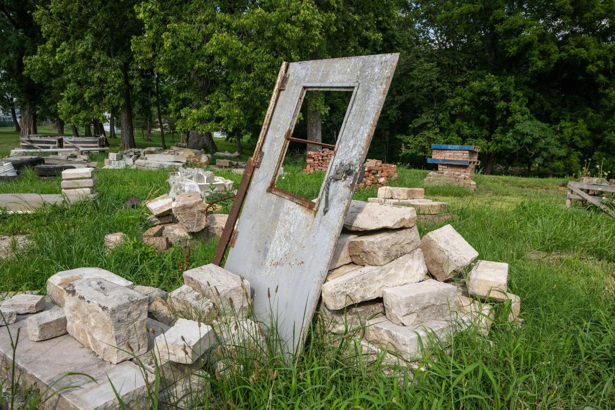 Bricks and other building materials that were stripped away from Sauer Castle, a mansion built in the 1800s, on Friday, July 11, 2025 in Kansas City, Kansas. The house is being remodeled by Mike Heitmann, a local engineer and home enthusiast. Heitmann’s plans include the house being used as a venue for gatherings.