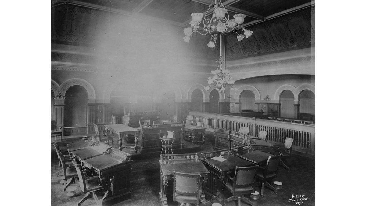 Interior view of the council chambers at the 5th and Main City Hall.