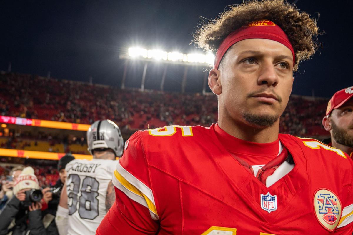 Kansas City Chiefs quarterback Patrick Mahomes walks away from Las Vegas Raiders defensive end Maxx Crosby after the Chiefs last minute win vs. the Las Vegas Raiders on Friday, Nov. 29, 2024, at GEHA Field at Arrowhead Stadium.