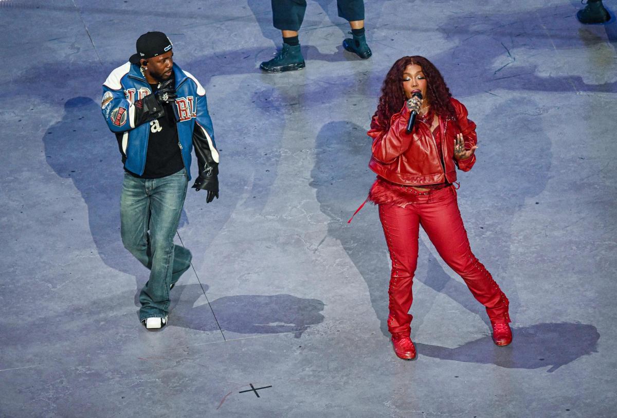 Kendrick Lamar performs with SZA in the halftime show during Super Bowl LIX on Sunday, Feb. 9, in New Orleans. The duo are going on tour in 2025, and are skipping Kansas City.