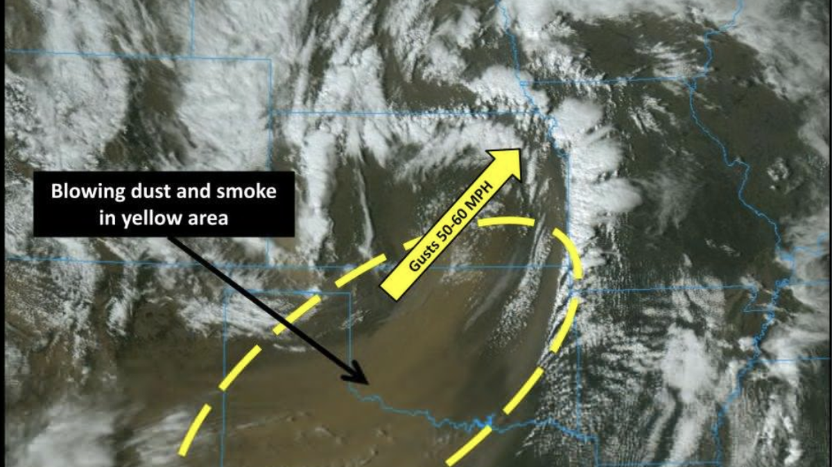 Blowing clouds of dust and smoke are expected to continue to settle across Kansas Friday evening.