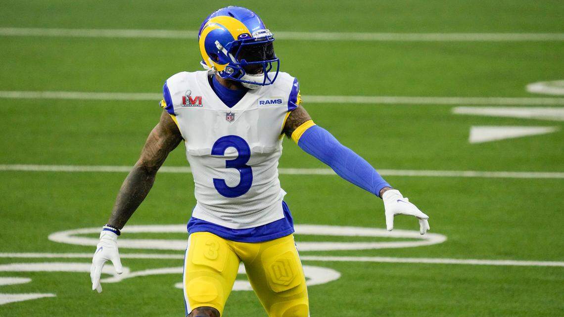 Los Angeles Rams wide receiver Odell Beckham Jr. lines up for a play during the first half of the NFL Super Bowl 56 football game Sunday, Feb. 13, 2022, in Inglewood, Calif. The Los Angeles Rams defeated the Cincinnati Bengals 23-20. (AP Photo/Julio Cortez)