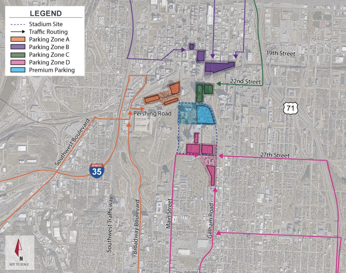 A traffic study considers zoned parking for a future Royals stadium at Crown Center based on where people are arriving from.
