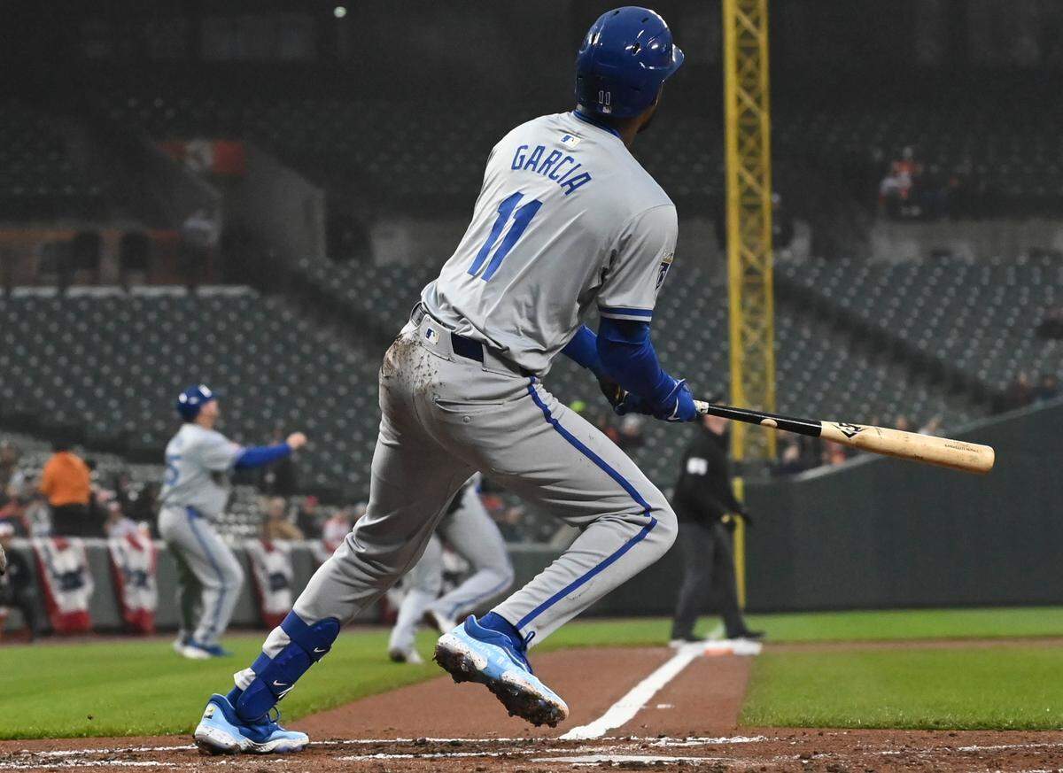 Kansas City Royals third baseman Maikel Garcia (11) swings through a two-run double in the second inning of a game against the Baltimore Orioles at Oriole Park at Camden Yards on April 2, 2024.