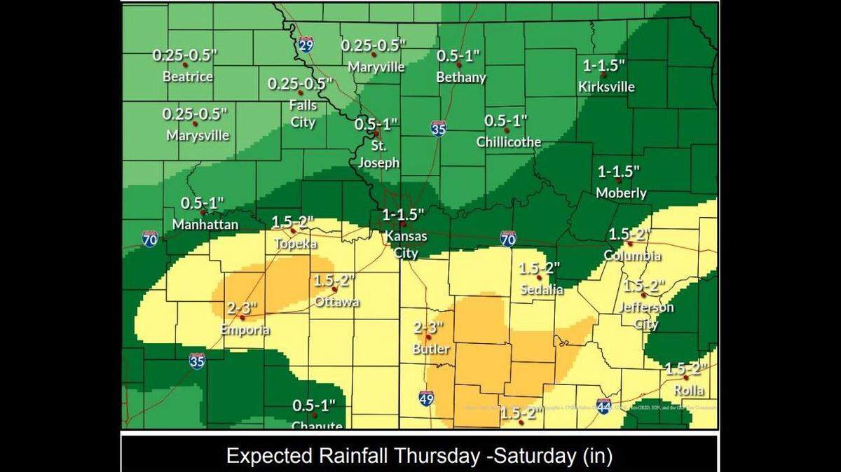 Rain and thunderstorms return Thursday as storms move into the Kansas City area from the southwest, according to the National Weather Service. Some of the stronger storms could produce heavy downpours at times, leading to possible pooling and ponding of water from runoff. Between one and two inches of rainfall is expected, while some areas could see higher amounts.