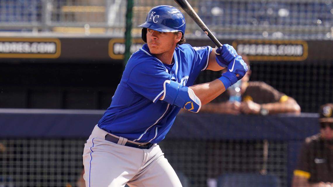 Kansas City Royals’ Nick Pratto bats in a spring training baseball game against the San Diego Padres, Sunday, March 7, 2021, in Peoria, Ariz. (AP Photo/Sue Ogrocki)