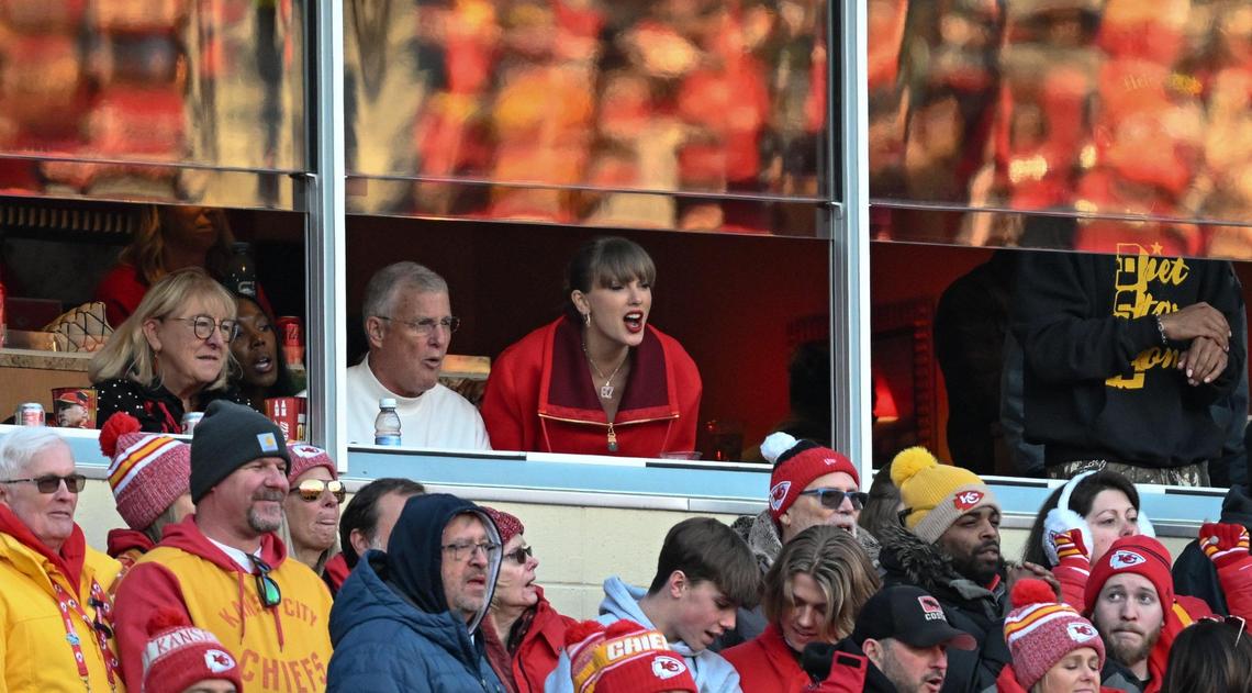 Taylor Swift watches the Kansas City Chiefs play the Las Vegas Raiders on Friday, Nov. 29, 2024, at GEHA Field at Arrowhead Stadium.