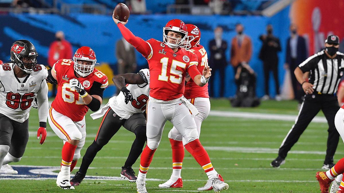 Kansas City Chiefs quarterback Patrick Mahomes throws in the first quarter against the Tampa Bay Buccaneers Sunday, February 7, 2021, at Super Bowl LV at Raymond James Stadium in Tampa, Florida.