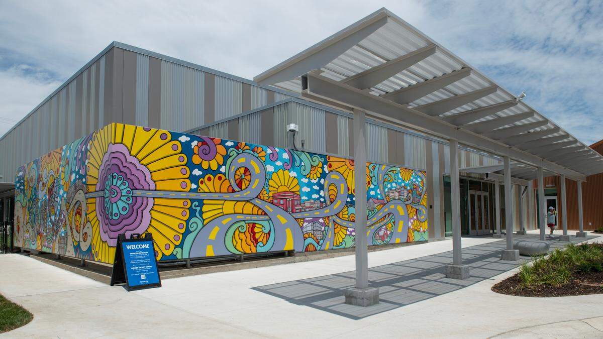 A 900-square-foot mural by artist Evan Brown is on the southwest corner of the Lenexa Old Town Activity Center.