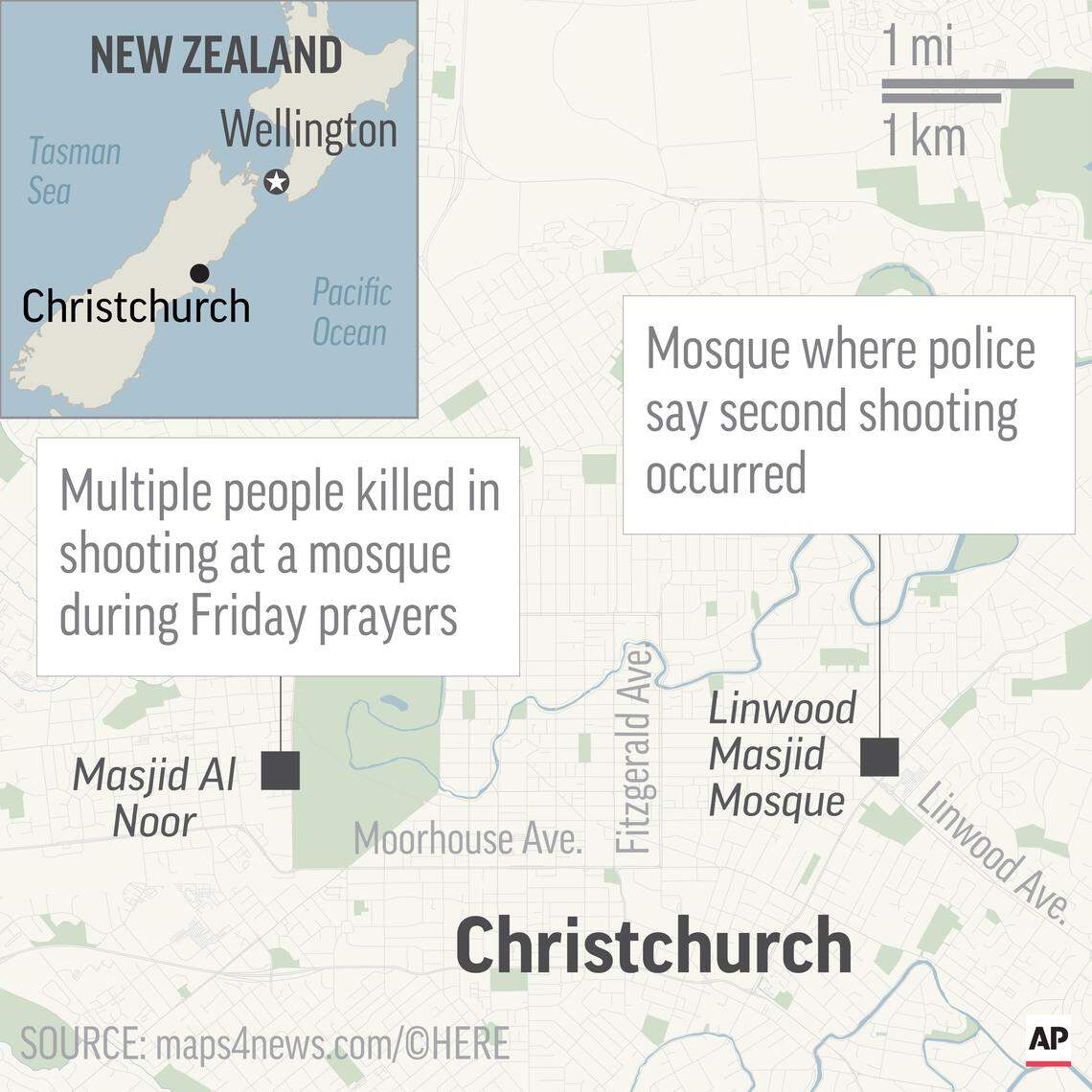Map locates two mosques in Christchurch and Linwood, New Zealand, where mass shootings occurred.