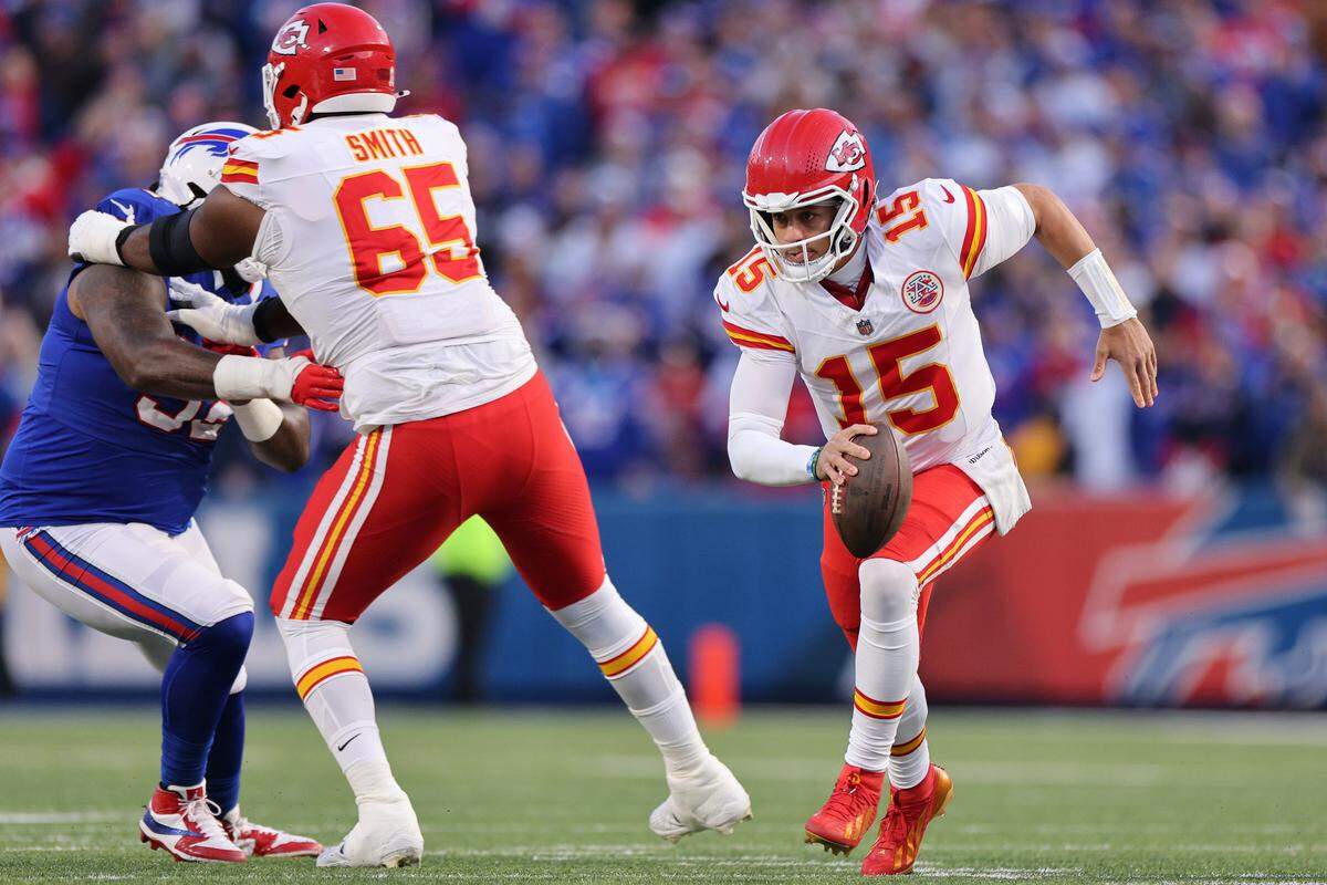 Kansas City Chiefs quarterback Patrick Mahomes takes off to run against the Buffalo Bills during an NFL Week 9 game at Highmark Stadium in Orchard Park, New York, on Sunday, Nov. 2, 2025.