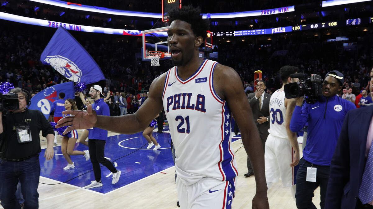 Philadelphia 76ers’ Joel Embiid, of Cameroon, reacts following the second half of an NBA basketball game against the Minnesota Timberwolves, Saturday, March 24, 2018, in Philadelphia. The 76ers won 120-108.