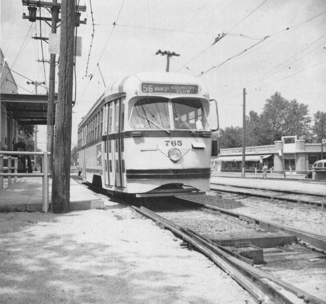 Snapshot of a streetcar on the Country Club Line near 75th Street and Wornall in 1955.
