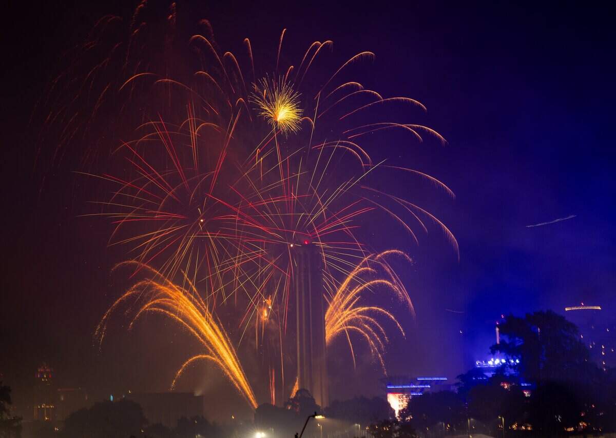 Fireworks light up the night sky over Penn Valley Park on Saturday, July 4, 2026. The National WWI Museum and Memorial's Stars and Stripes Picnic celebrates America's 250th and the Memorial's 100th