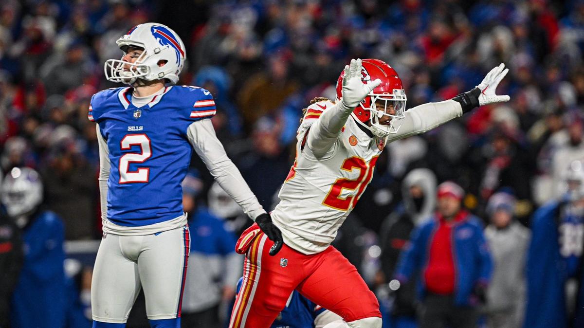 Kansas City Chiefs safety Justin Reid (20) celebrates as Buffalo Bills place kicker Tyler Bass (2) watches his fourth quarter field goal attempt sail wide right Sunday, Jan. 21, 2024, at Highmark Stadium in Orchard Park, New York.