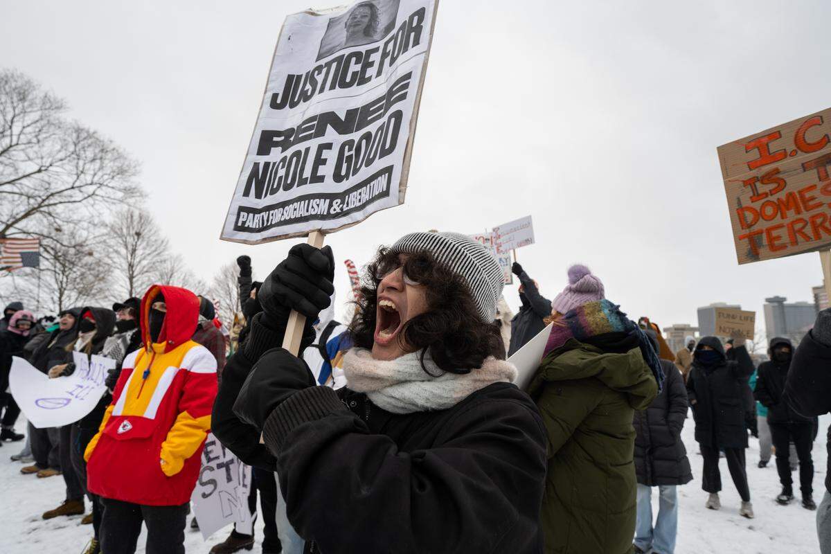 Protesters gathered at the World War I Museum and Memorial to rally against recent ICE actions across the U.S. and in Kansas City on Friday, January 30, 2026.