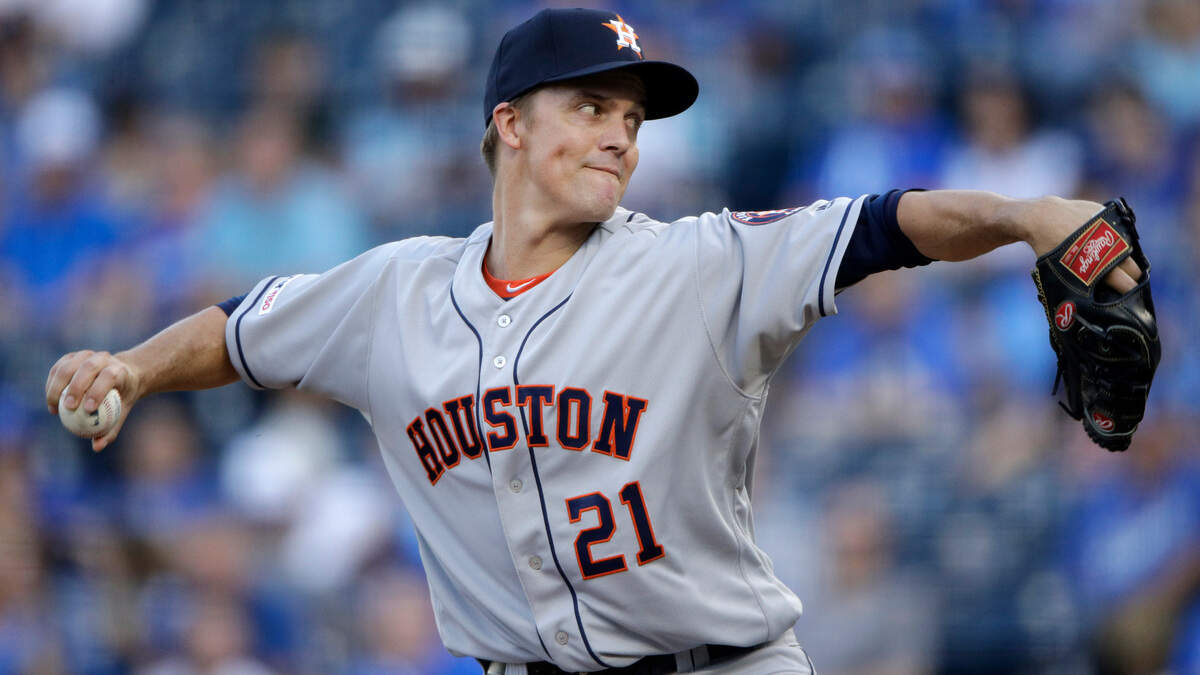 Houston Astros starting pitcher Zack Greinke throws during the first inning of the team’s baseball game against the Kansas City Royals on Saturday, Sept. 14, 2019, in Kansas City, Mo. (AP Photo/Charlie Riedel)