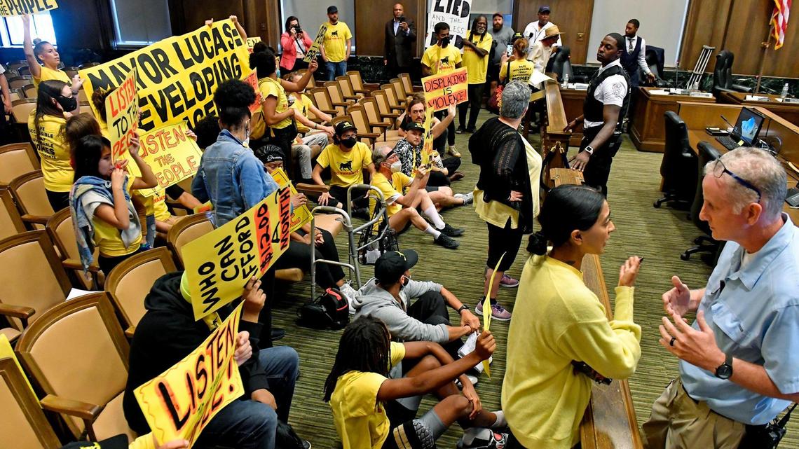 Members of KC Tenants disrupted a City council meeting in August 2022 as council members debated legislation on affordable housing. The tenant union is among those fighting against an incentive request for Mac Properties, which wants to build 300 new apartments at Main Street and Armour Boulevard.