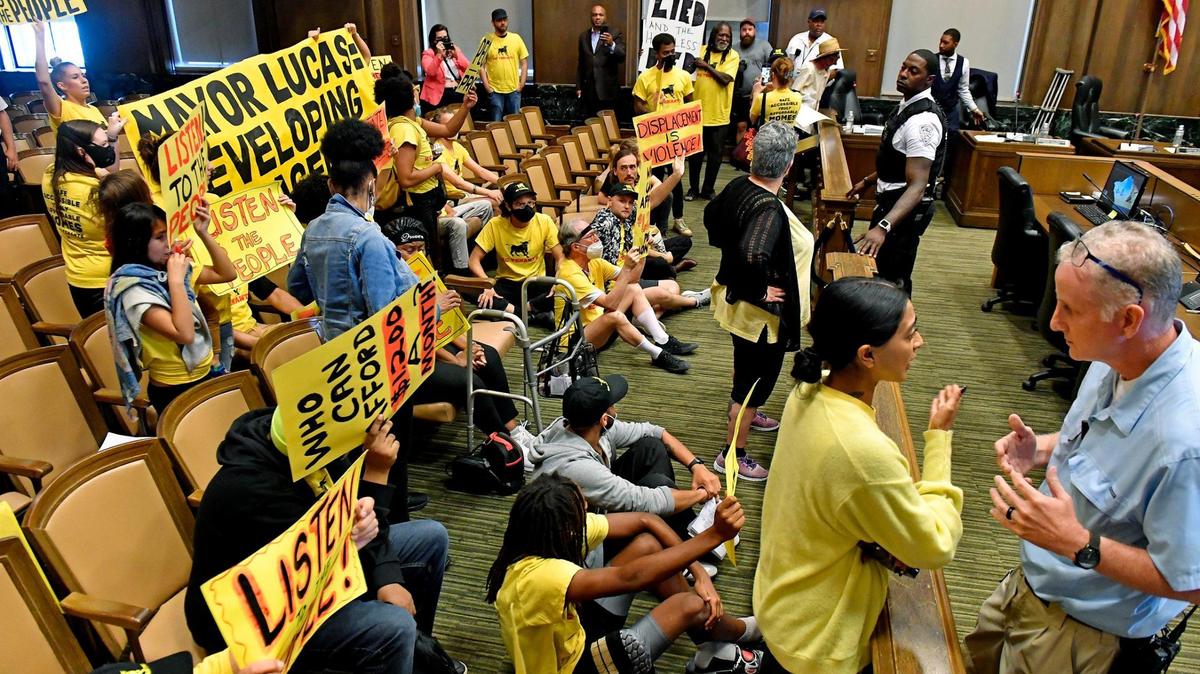 Members of KC Tenants disrupted a City council meeting Thursday afternoon at City Hall. The protesters chanted as city council members debated legislation on affordable housing.