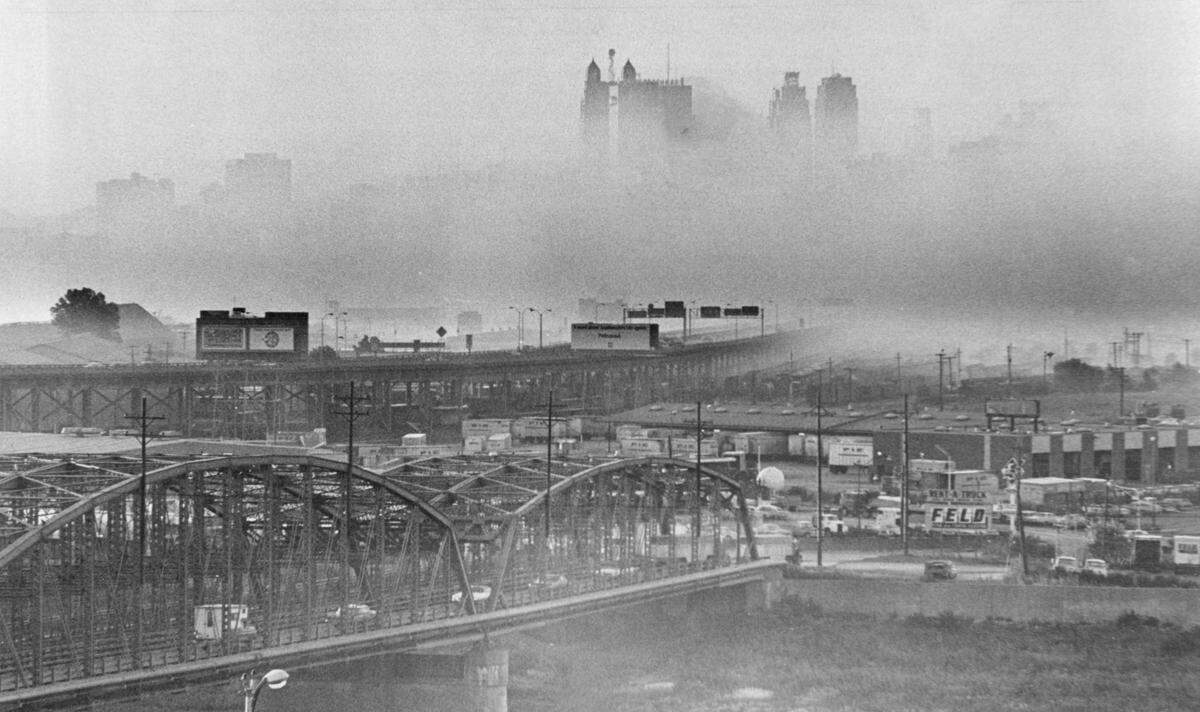 With the James Street bridge and the Lewis and Clark viaduct is in the foreground, this shot of downtown Kansas City in June 1973 captured smog that had engulfed the city that morning.