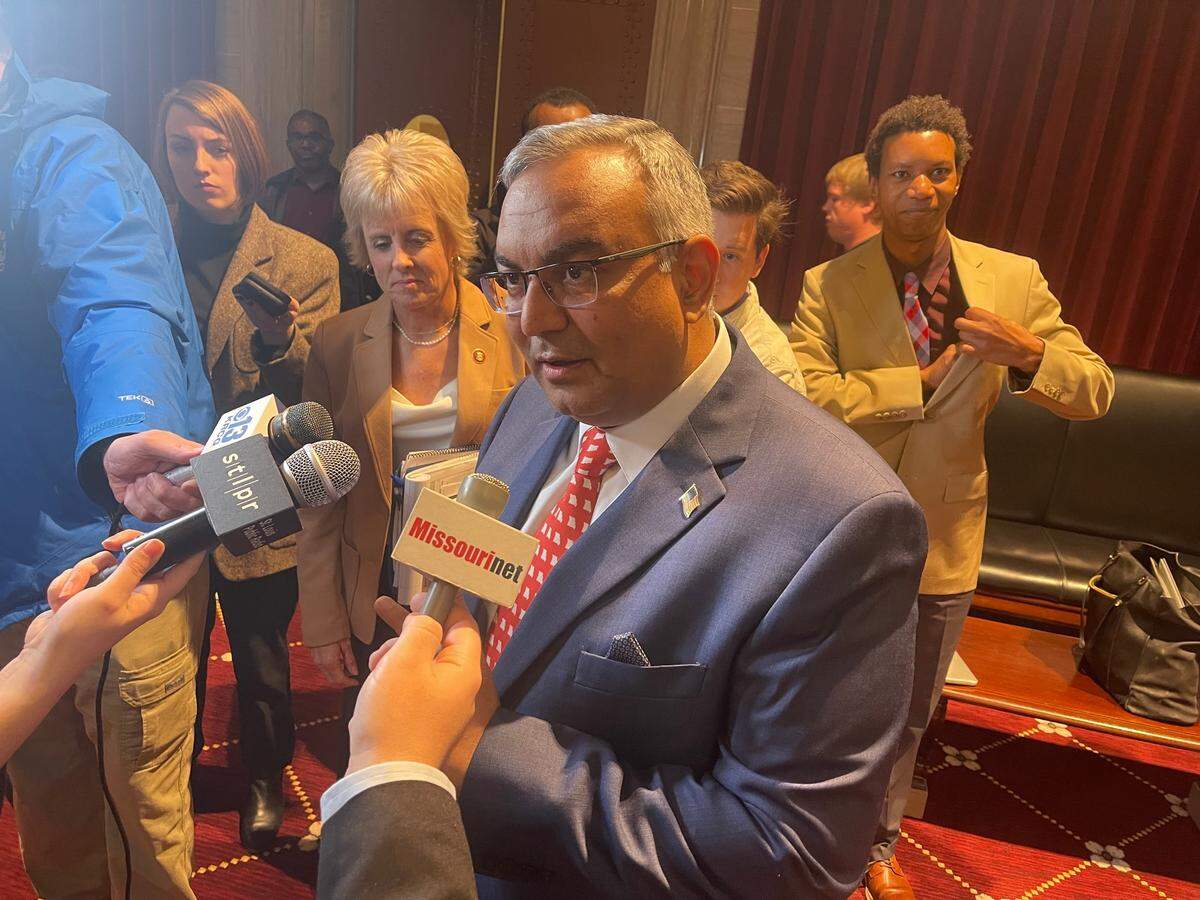 Missouri Treasurer Vivek Malek speaks with reporters after his swearing-in ceremony in Jefferson City on Tuesday.