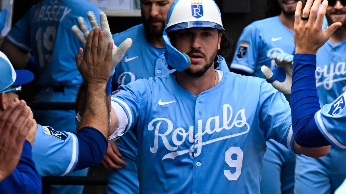 Jun 7, 2025; Chicago, Illinois, USA; Kansas City Royals first baseman Vinnie Pasquantino (9) celebrates in the dugout after he homers during the second inning against the Chicago White Sox at Rate Field. Mandatory Credit: Matt Marton-Imagn Images