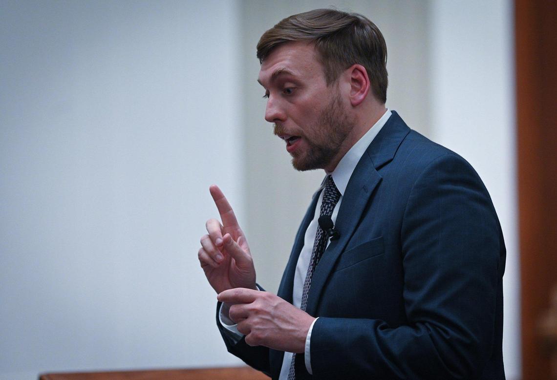 Greg Goodwin, Assistant Attorney General at Missouri Attorney General’s Office, gives his closing arguments for the state against Kevin Strickland’s innocence, calling the prosecutor’s evidence “Hearsay, upon hearsay,” on Wed., Nov 10, 2021 in Jackson County Circuit Court in Kansas City. Strickland has been incarcerated for the past 43 years for a triple murder he says he did not commit.