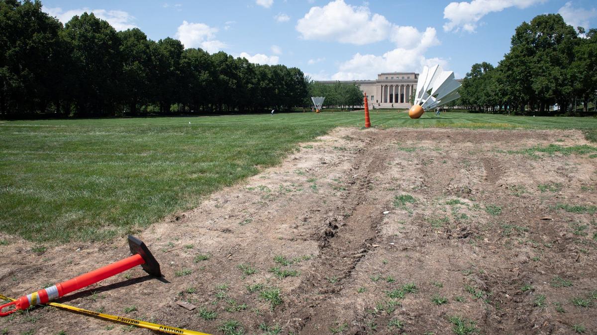 Set up from the Kansas City Chief’s Super Bowl ring ceremony in mid June resulted in a large patch of dead grass on the south lawn of the Nelson-Atkins Museum of Art in Kansas City.
