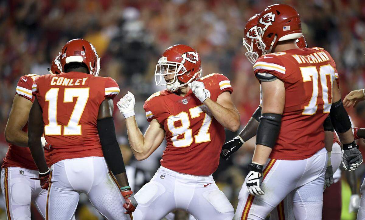 With a lot of hip action and some arm motion, Kansas City Chiefs tight end Travis Kelce celebrated his touchdown in the second quarter during the Kansas City Chiefs and Washington football game in Arrowhead Stadium on Monday, October 2, 2017, in Kansas City, Missouri. 