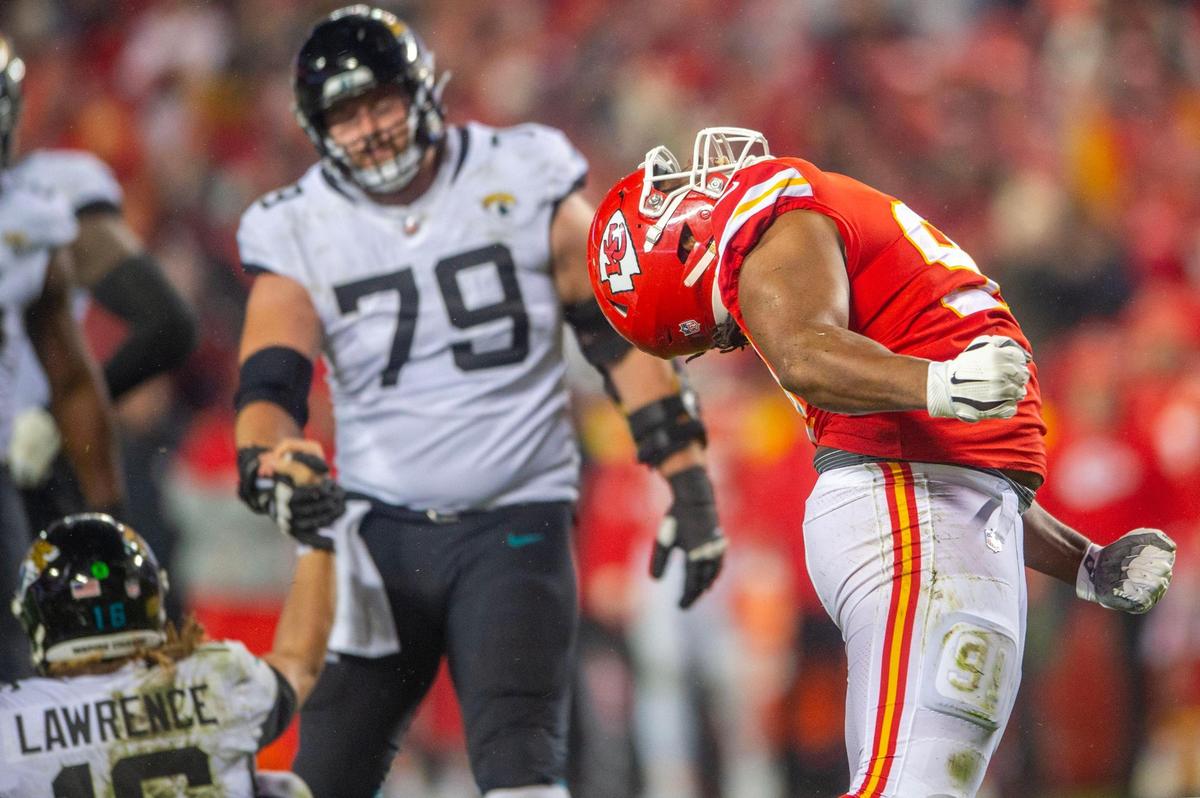 Kansas City Chiefs defensive tackle Derrick Nnadi celebrates a sack during the second half of a Divisional Round game against the Jacksonville Jaguars at GEHA Field at Arrowhead Stadium on Saturday, Jan. 21, 2023, in Kansas City.