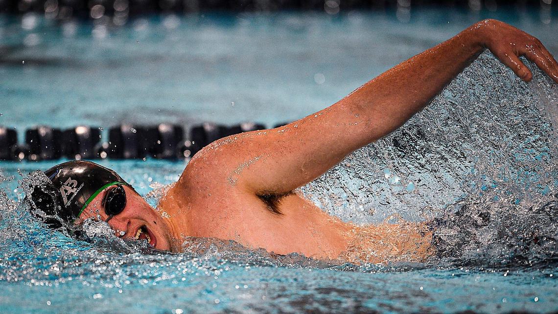 Blue Valley North senior Hudson Whetmore competes in the 500-yard freestyle Friday, February 19, 2021, at the 6A Kansas Boys State Swimming and Diving Championships in Lenexa.