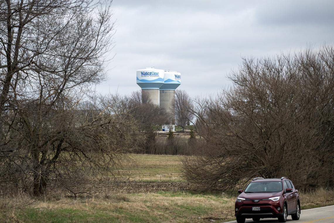 Two water towers stand in the distance as seen from 199th W. Street on Saturday, March 7, 2026, in Spring Hill, Kansas.