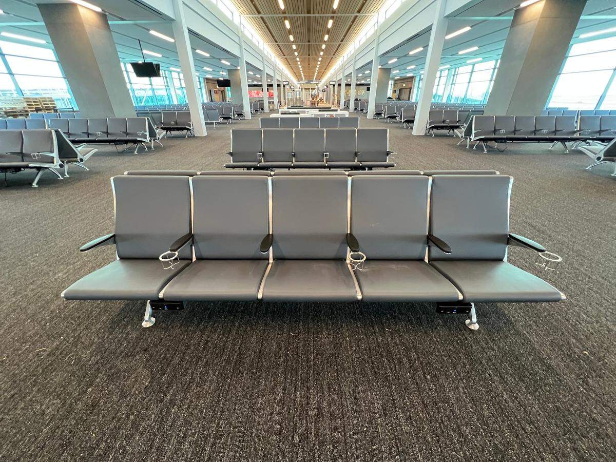 The gate seating, which features power outlets for traveler’s electronics, are mostly installed.