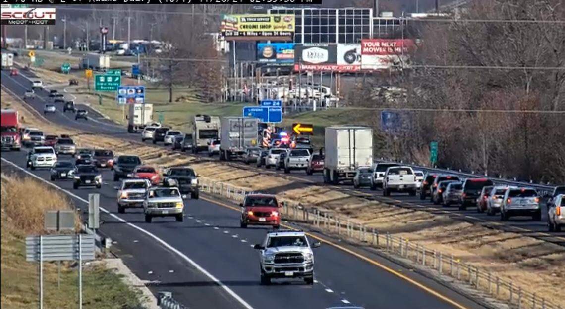 At least four horses died Friday afternoon when a loaded trailer caught fire along Interstate 70 near Grain Valley, the Missouri Highway Patrol reported. Video from a Kansas City Scout Traffic Camera showed the fire had been extinguished and traffic was squeezing by the wreckage on one lane.