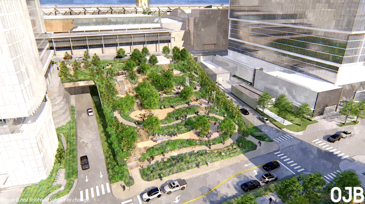 A rendering shows the future Luminary Park, which will be built over Interstate 670 in downtown Kansas City.