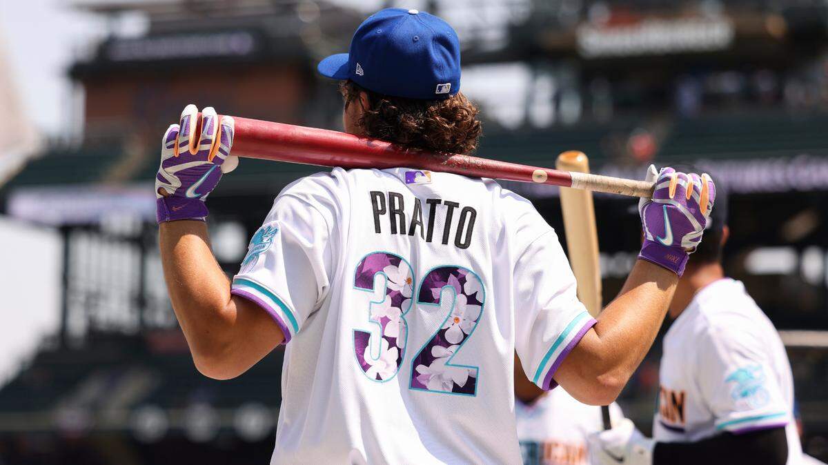 Nick Pratto (32) attends American League batting practice before the MLB All Star Futures baseball game, Sunday, July 11, 2021, in Denver. (AP Photo/Gabe Christus)