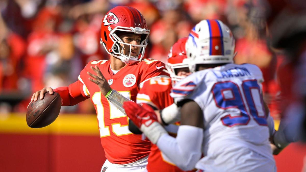 Kansas City Chiefs quarterback Patrick Mahomes gets pressured as he looks for a receiver in the first half against the Buffalo Bills in the first-half on Sunday, Oct. 16, 2022 at Arrowhead Stadium in Kansas City.