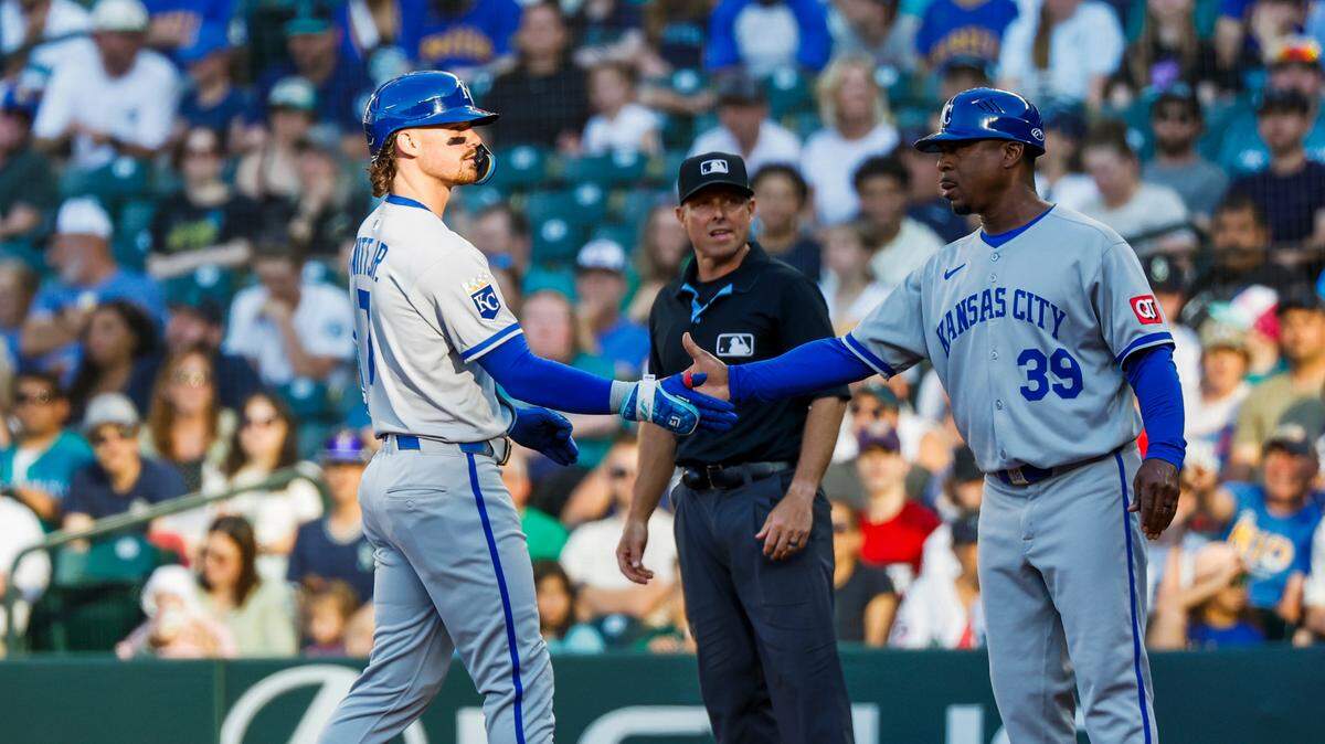 Royals shortstop Bobby Witt Jr., left, got KC on the board with an RBI single to score Kyle Isbel in the third inning of a Monday, June 30, 2025 game against the Mariners at T-Mobile Park in Seattle.