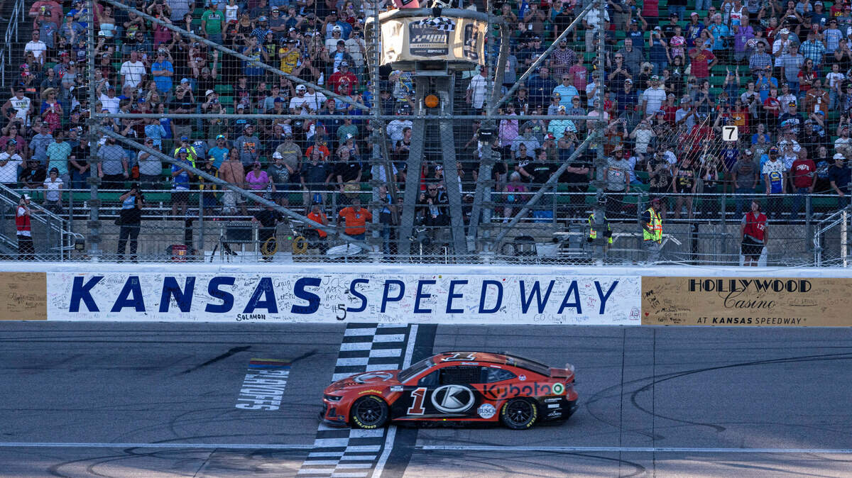 NASCAR Cup Series driver Ross Chastain crossed the finish line first to win the 2024 Hollywood Casino 400 at Kansas Speedway.