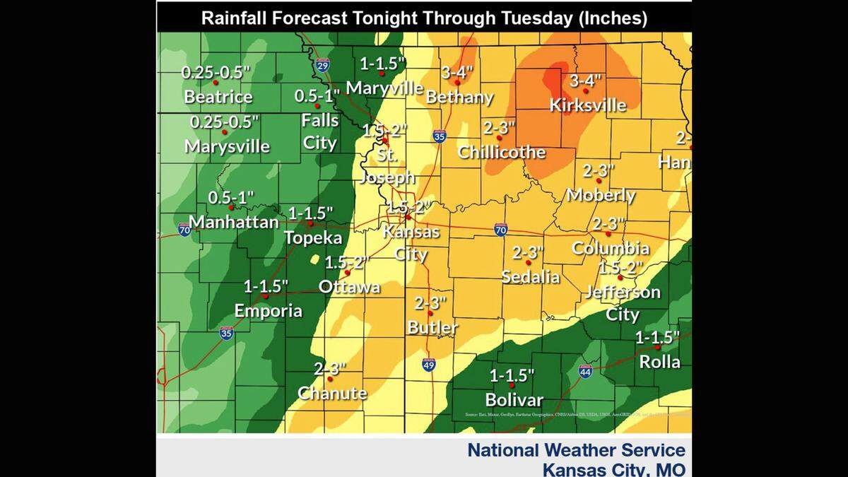 Severe weather is expected in the Kansas City area on Monday. Between 2 and 3 inches of rainfall is expected across a widespread area in the Kansas City region, with the metro seeing between 1.5 and 2 inches of rain. There are some pockets, mainly north and east of the metro, that could see 3 to 4 inches of rain, the National Weather Service said.