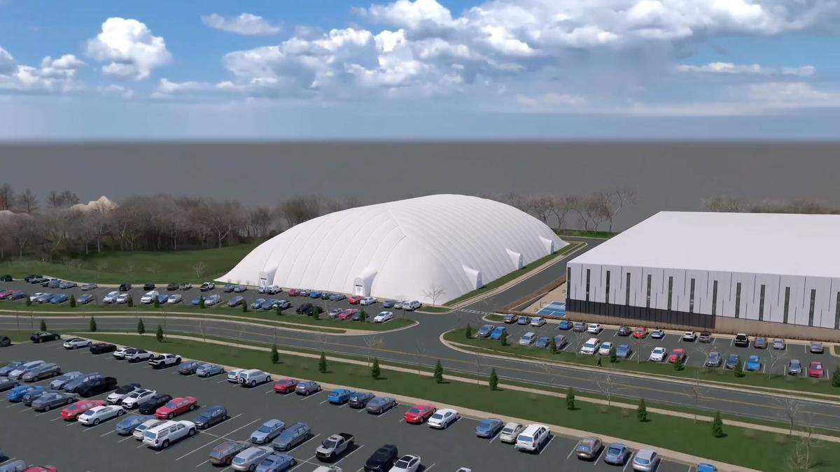 A rendering shows an aerial view of a large inflatable soccer dome that has been proposed near a neighborhood off View High Drive in Lee’s Summit.