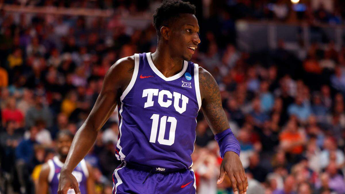 TCU Horned Frogs guard Damion Baugh (10) celebrates in the first half against the Gonzaga Bulldogs at Ball Arena.