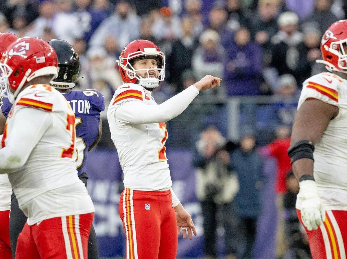 Kansas City Chiefs place kicker Harrison Butker (7) watches a field goal soar through the uprights against the Baltimore Ravens during the AFC Championship Game on Sunday, Jan. 28, 2024, in Baltimore.