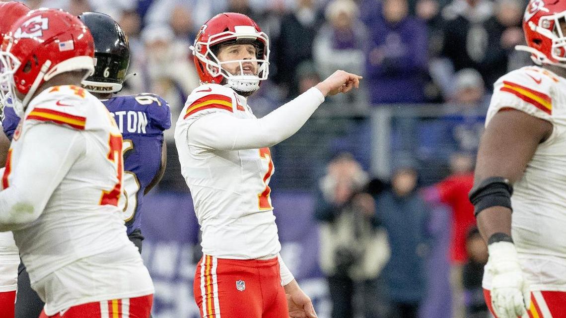Kansas City Chiefs place kicker Harrison Butker (7) watches a field goal soar through the uprights against the Baltimore Ravens during the AFC Championship Game on Sunday, Jan. 28, 2024, in Baltimore.