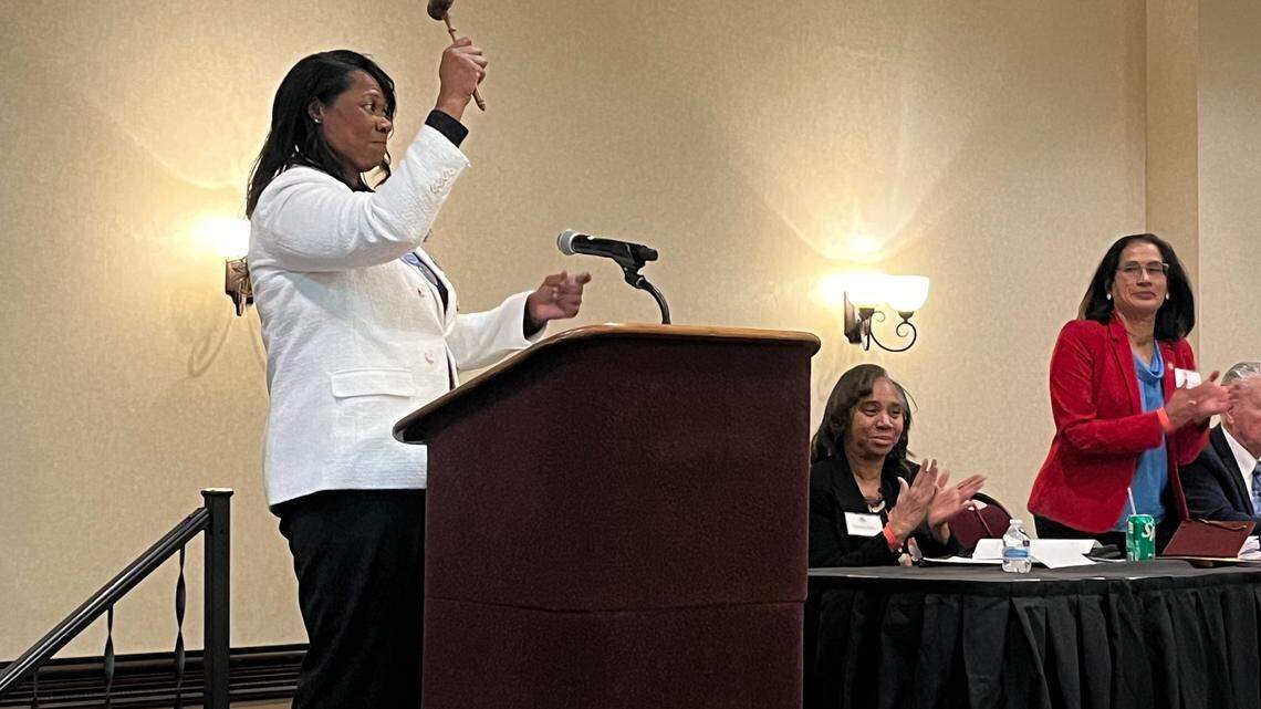 Jeanna Repass (left) became the new chair of the Kansas Democratic Party Saturday.