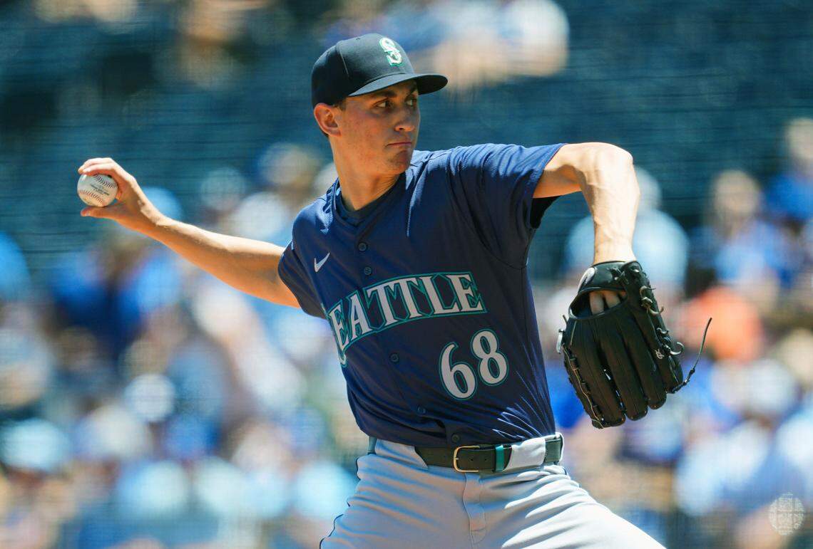 Seattle Mariners starting pitcher George Kirby delivers against the Kansas City Royals during Sunday’s game at Kauffman Stadium.