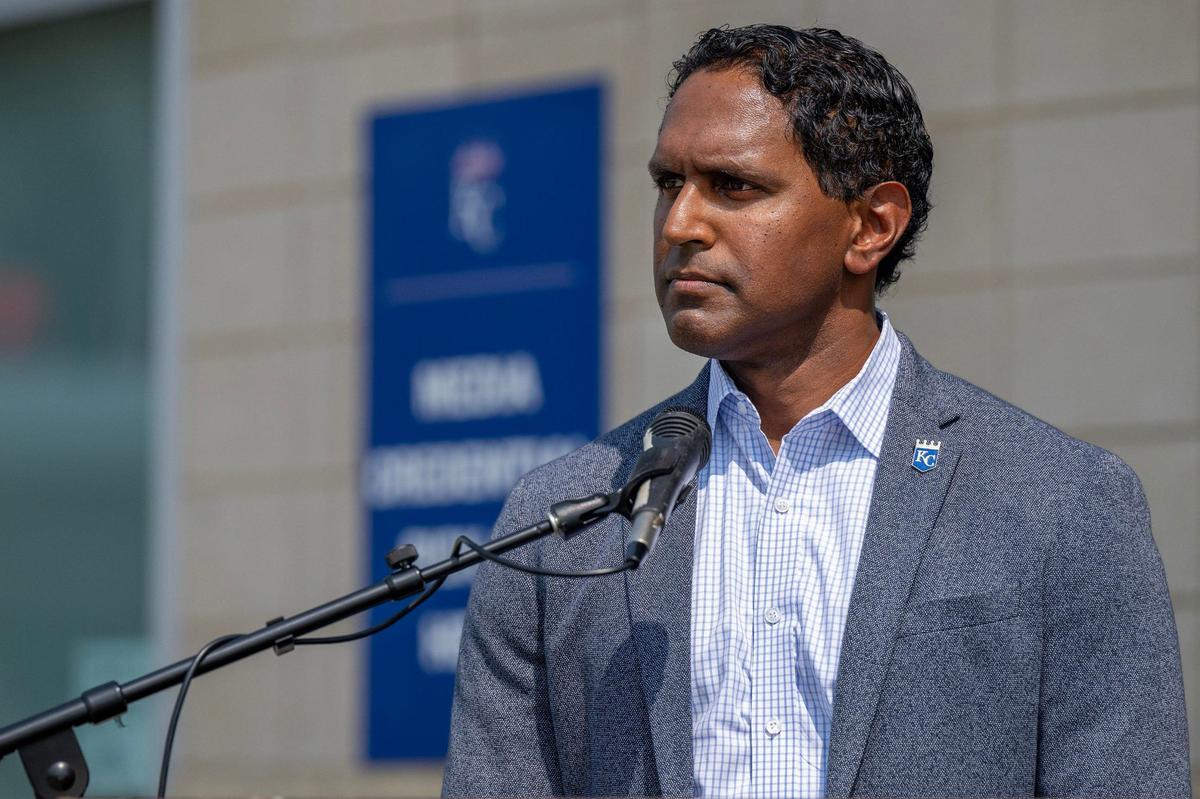 Jason Sinnarajah, chief operating officer for the Kansas City Royals, speaks during a press conference at Kauffman Stadium on Monday. Sinnarajah highlighted the benefits of the Go-Ahead Entry technology for the Royals, which aims to streamline fan entry into the stadium.