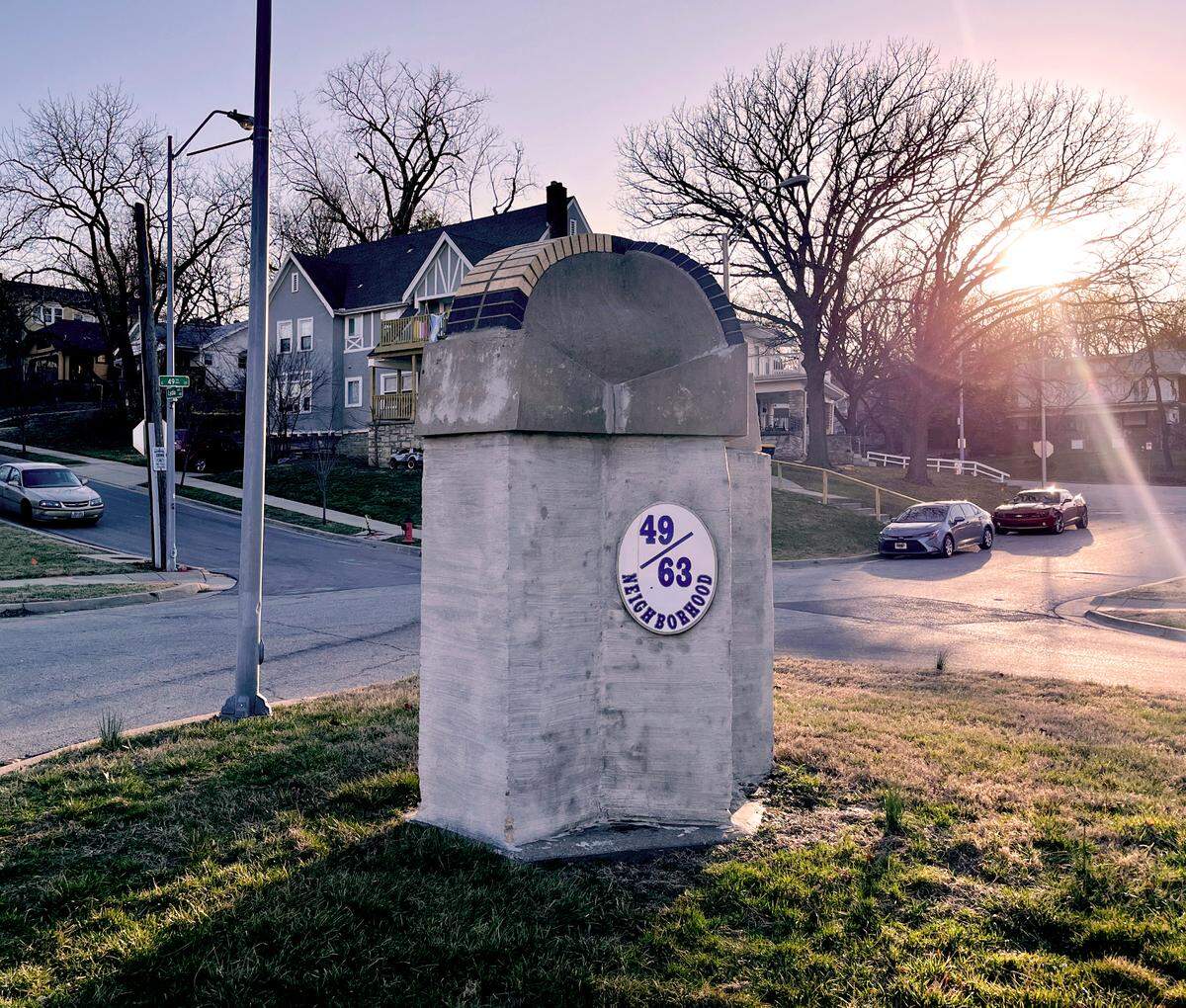 The 49/63 Neighborhood marker at 49th Street and The Paseo.