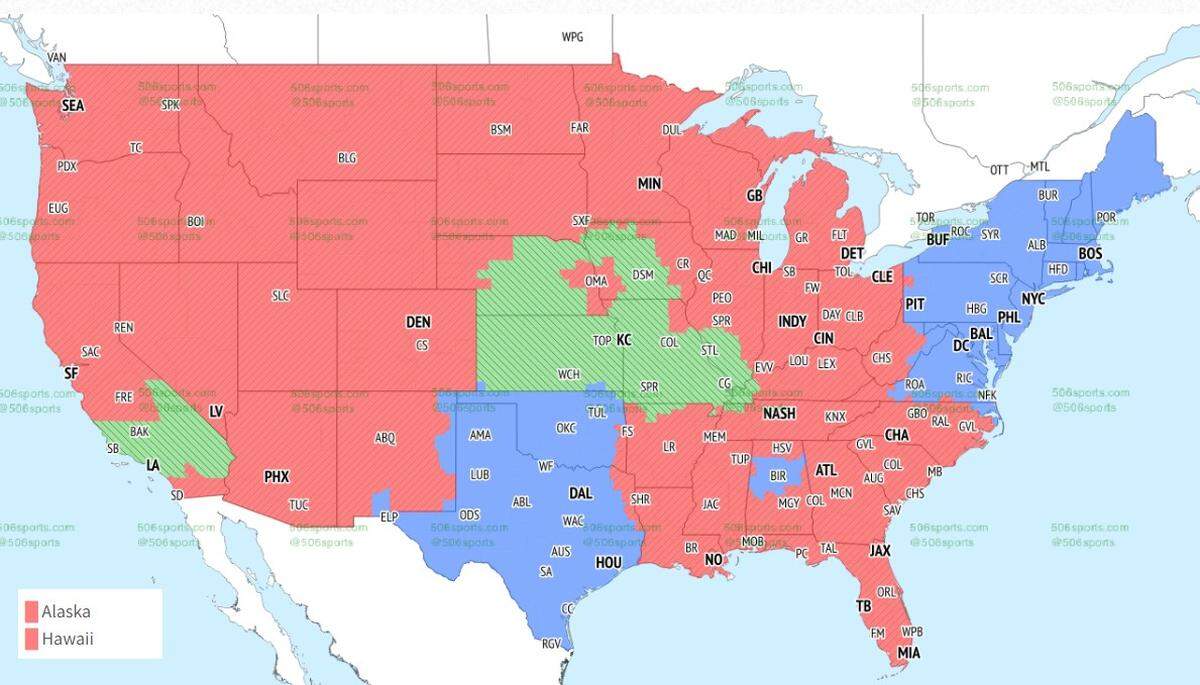 The Chiefs-Chargers game will be seen in the areas in green.